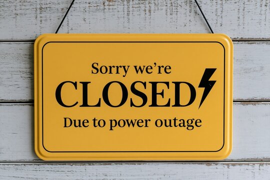 A yellow sign on a rustic wooden background reads Sorry we're closed due to power outage. Useful for store announcements during electrical failures.