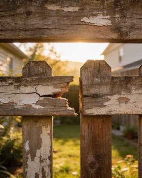 Close-up view of an old weathered wooden fence rail showing a broken fence picket gap with golden sunset light shining through the crack. Home repair concept.