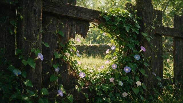 Weathered dark wooden fence with a large broken fence picket gap overgrown with green ivy and purple morning glory flowers in sunlight. Nature reclaiming wooden fence.