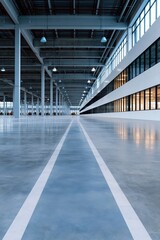 Fototapeta premium Large open factory hall with glossy concrete floor, central guide lanes and panoramic windows for poster, banner and architectural background