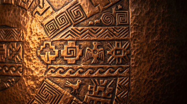 Hammered copper metal texture with ancient tribal carvings and geometric patterns.