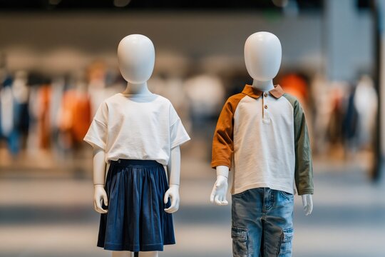 Front view child mannequins wearing casual outfits and skirt for clothing store display and fashion banner background