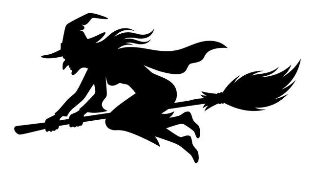 Halloween, Flying witch silhouette on broomstick, Halloween vector art, spooky black outline, haunted night, magic casting, magical female character, october holiday icons Vector