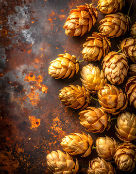 Golden hop cones resting on a rough rusty metal surface creating an earthy mood generative AI
