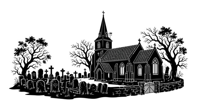 Halloween, Silhouette of an atmospheric cemetery with a gothic church, old bare trees and tombs in a sketch style. Eerie autumn memorial background design illustration. Vector