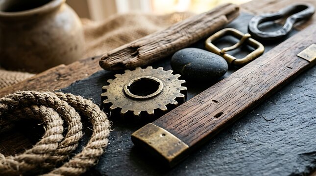 Collection of vintage mechanical gears and rustic nautical objects