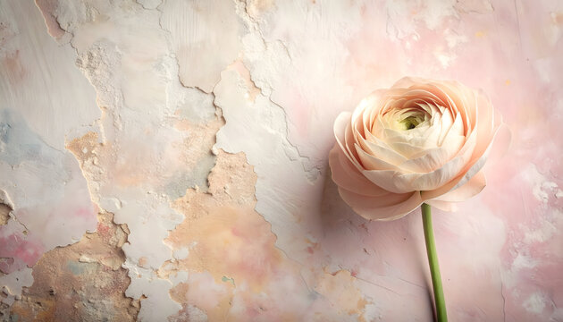 Wilting pale ranunculus resting against a distressed pastel wall creating a quiet fragile beauty mood generative AI