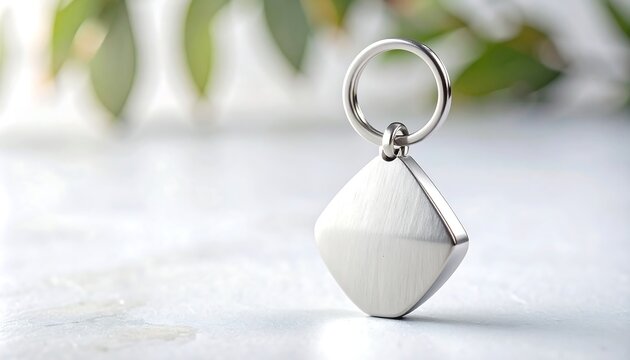 Close-up photograph of a polished chrome metal diamond-shaped keychain pendant with a split ring standing upright on a clean white surface with soft reflections. Concept for metallic accessories, mini