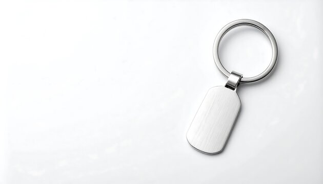 Close-up photograph of a polished chrome metal diamond-shaped keychain pendant with a split ring standing upright on a clean white surface with soft reflections. Concept for metallic accessories, mini