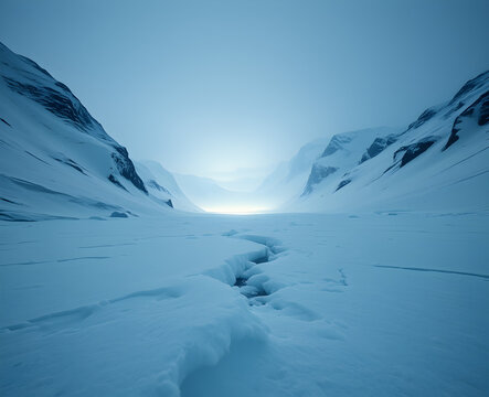 Vall&eacute;e polaire immacul&eacute;e recouverte de neige avec traces de pas menant vers des sommets montagneux enneig&eacute;s sous une lumi&egrave;re douce et froide arctique