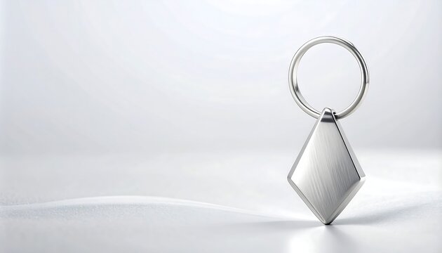 Close-up photograph of a polished chrome metal diamond-shaped keychain pendant with a split ring standing upright on a clean white surface with soft reflections. Concept for metallic accessories, mini