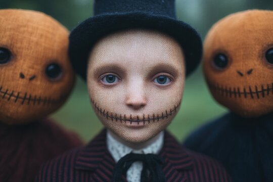 Creepy stitched doll character in Halloween fantasy costume