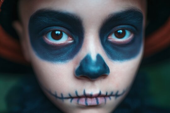 Creepy child in skull makeup for Halloween costume