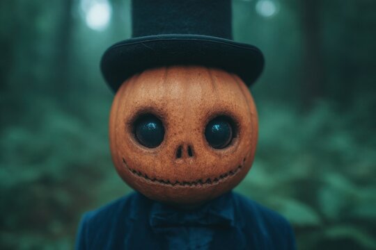 Creepy pumpkin-headed figure in dark Halloween forest costume
