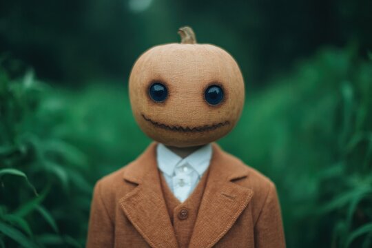 Creepy pumpkin-headed doll in vintage autumn costume