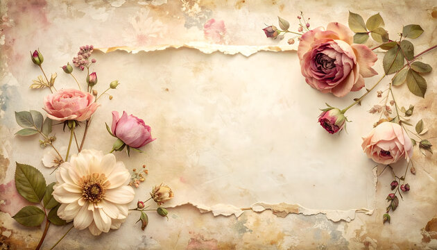 Distressed vintage botanical background featuring faded pressed flowers and grunge stains creating a nostalgic feminine mood generative AI