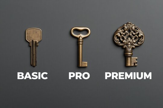 Three brass keys representing basic, pro, and premium subscription tiers on a grey background. Conceptual visualization for marketing software plans and tiered business services.