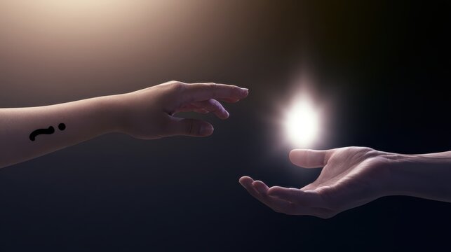 Two hands reaching for a glowing light in darkness, conceptual connection and hope.