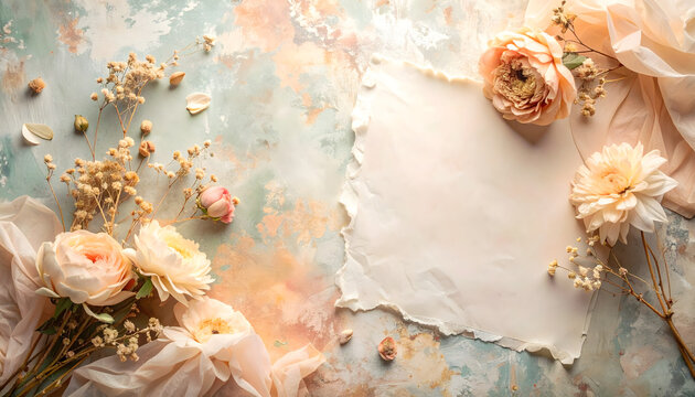 Pale dried flowers resting on a distressed pastel board creating a crafty feminine mood generative AI