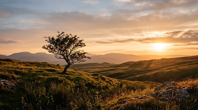 Lone tree on a grassy hillside at sunset with mountain background