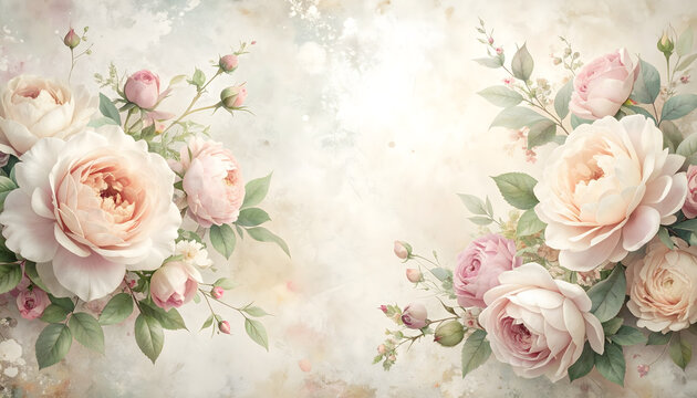 Faded blush roses and dusty peonies bleeding into a distressed surface evoking a romantic mood generative AI