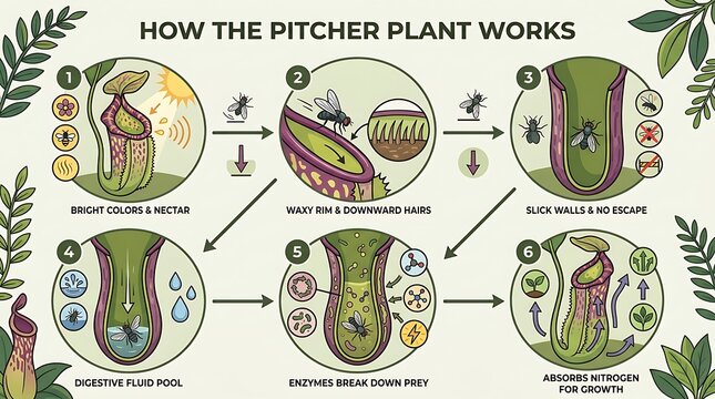 Educational infographic explaining the lifecycle of a pitcher plant