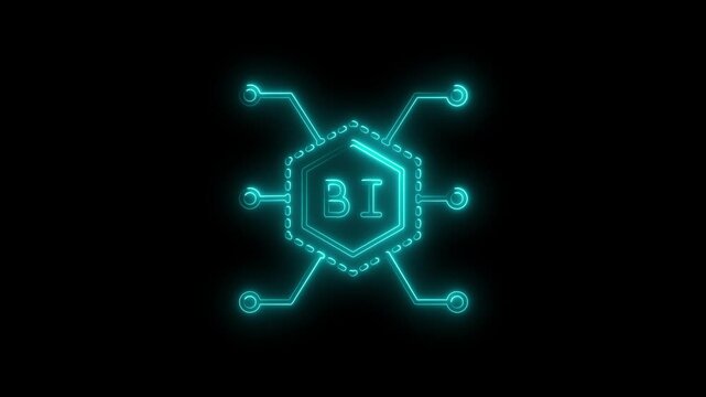 Business intelligence bi neon sign glowing digital circuitry animation for data analytics and tech concepts