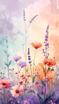 Watercolor wildflowers fading into grunge wash at the bottom creating an airy aesthetic mood generative AI