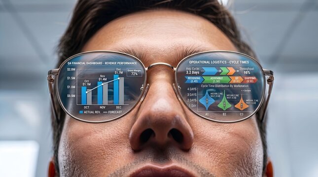 Man wearing glasses with business data analytics and charts reflected in lenses