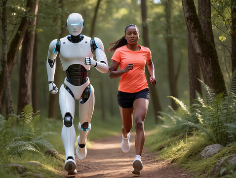 Woman runner and humanoid robot jog side by side on a forest trail, symbolizing human-tech partnership. Futuristic fitness concept, outdoor activity, collaborative progress.