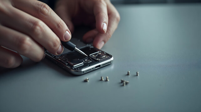Hands opening smartphone back cover with precision screwdriver in bright neutral macro closeup generative AI