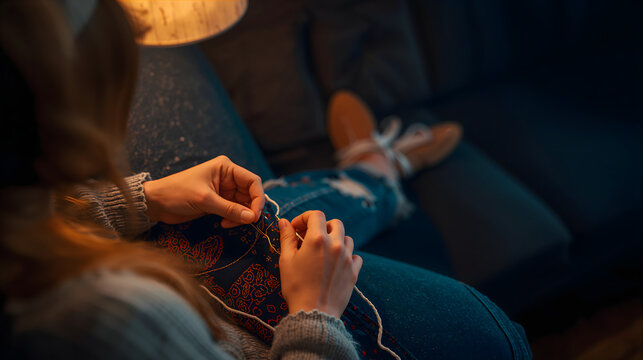 Young woman sewing colourful patch onto worn jeans by hand in cosy evening light generative AI