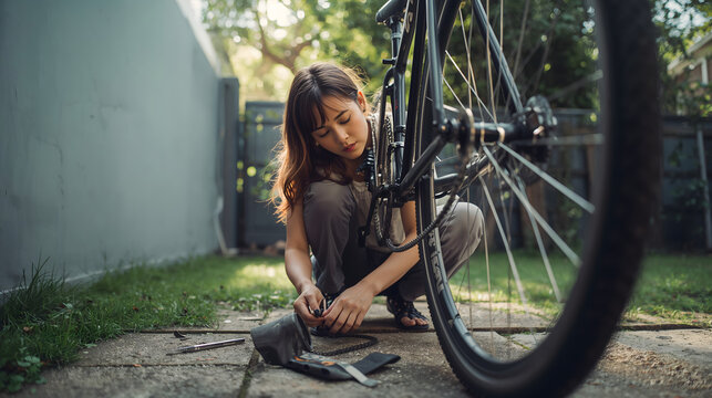 Woman fixing bicycle chain in backyard courtyard with oily hands and practical mood generative AI