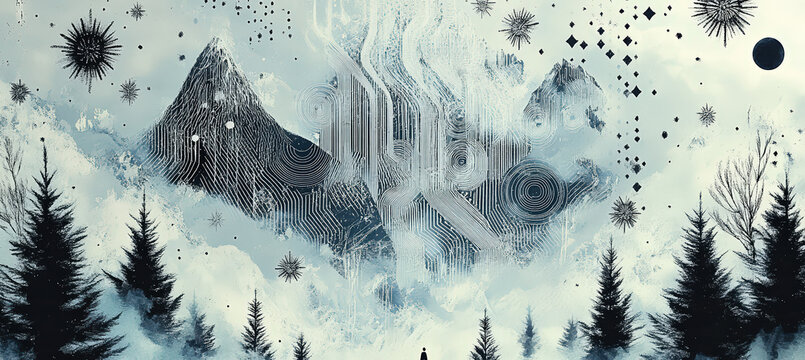 Surreal Snowy Mountain Landscape with Flowing White Clouds, Pine Forest, Floating Moon and Dreamlike Fantasy Atmosphere