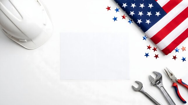 White Hard Hat with Wrench Tools and American Flag Star Border on White Background, Labor Day Mockup with Copy Space