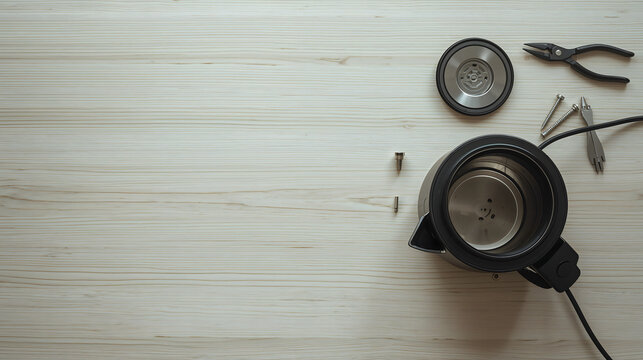 Opened electric kettle with spare parts and tools arranged in tidy overhead flat lay generative AI