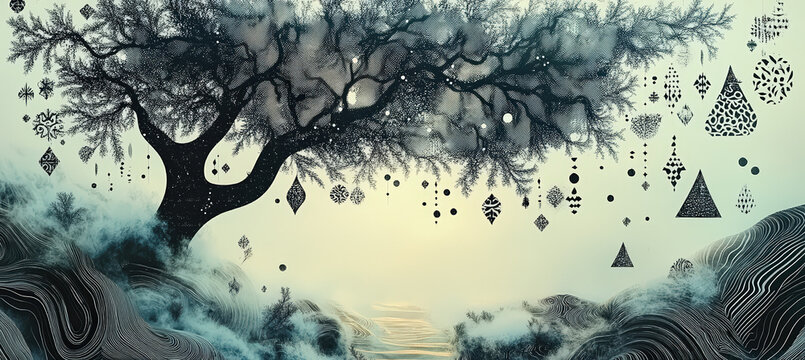 Ancient Twisted Tree in Surreal Winter Landscape with Falling Snow, Floating Geometric Shapes and Dreamlike Forest Atmosphere
