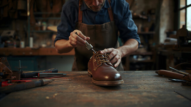 Craftsman gluing new rubber sole onto worn leather shoe at cluttered workshop bench generative AI