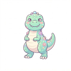 Fototapeta premium Cute Kawaii Baby Dinosaur Illustration with Pastel Colors, Flowers, and Stars; Magical Mint Green Dino Character for Kids Nursery Decor, Stickers, and Whimsical Graphic Design Projects