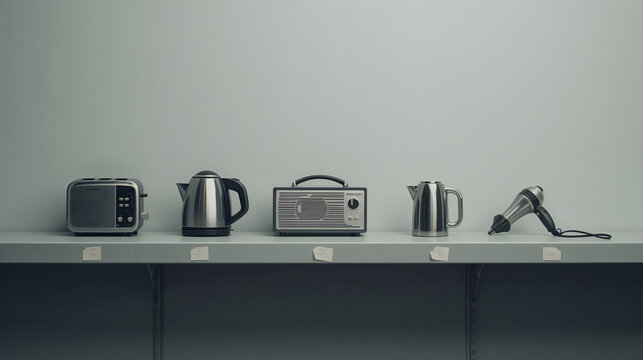 Broken household appliances with paper labels waiting on metal shelf for repair generative AI