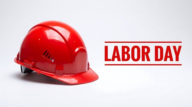 Red Hard Hat with Labor Day Text on White Background, Minimal Construction Worker Holiday Concept with Copy Space