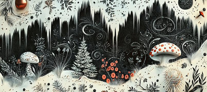 Magical Winter Mushroom Landscape with Giant Red and White Mushrooms, Snowy Forest, Floating Shapes and Storybook Fantasy