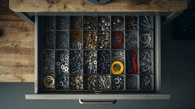 Open workshop drawer full of neatly sorted screws washers and spare parts overhead generative AI