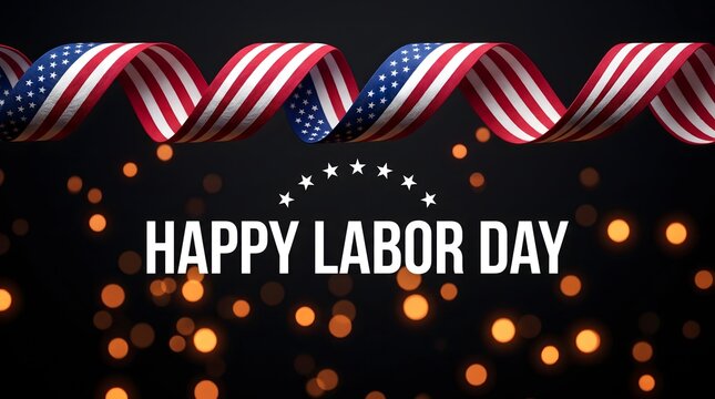 Happy Labor Day Text with American Flag Ribbon and Bokeh Lights on Dark Background, Festive Patriotic Holiday Banner