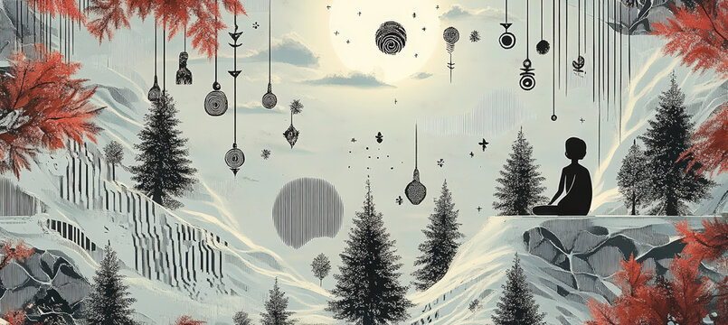 Surreal Winter Forest with Lone Seated Figure, Red Autumn Leaves, Snow Covered Trees and Floating Geometric Shapes