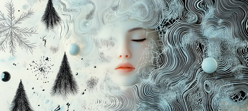 Ethereal Female Face Emerging from Flowing Hair and Winter Waves, Snowflakes, Pine Trees and Dreamlike Fantasy Art
