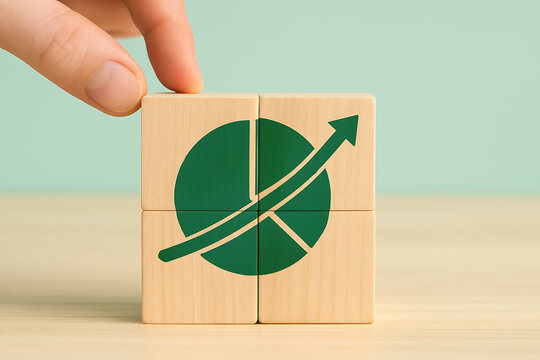 Wooden cube with green circular chart and upward arrow representing growth indicators block