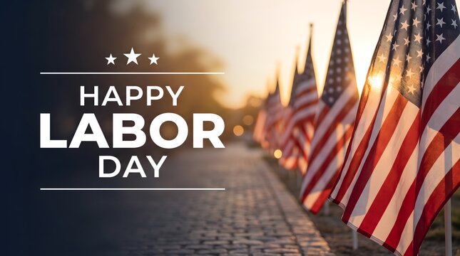 Happy Labor Day Text with Row of American Flags on Sunny Street, Patriotic Holiday Banner Concept
