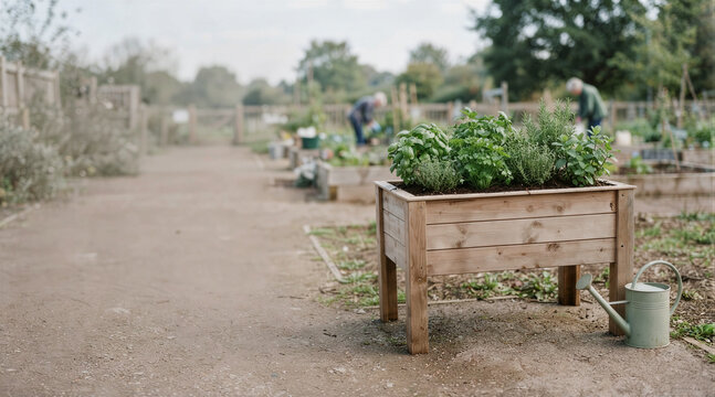 Accessible raised planter in a wide asymmetric layout beside a community garden path with left-side copy space for reduced-bending gardening access