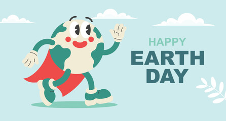 Fototapeta premium Happy Earth Day Banner With Cute Superhero Earth Character. Planet earth with red hero cape. Environment Illustration.